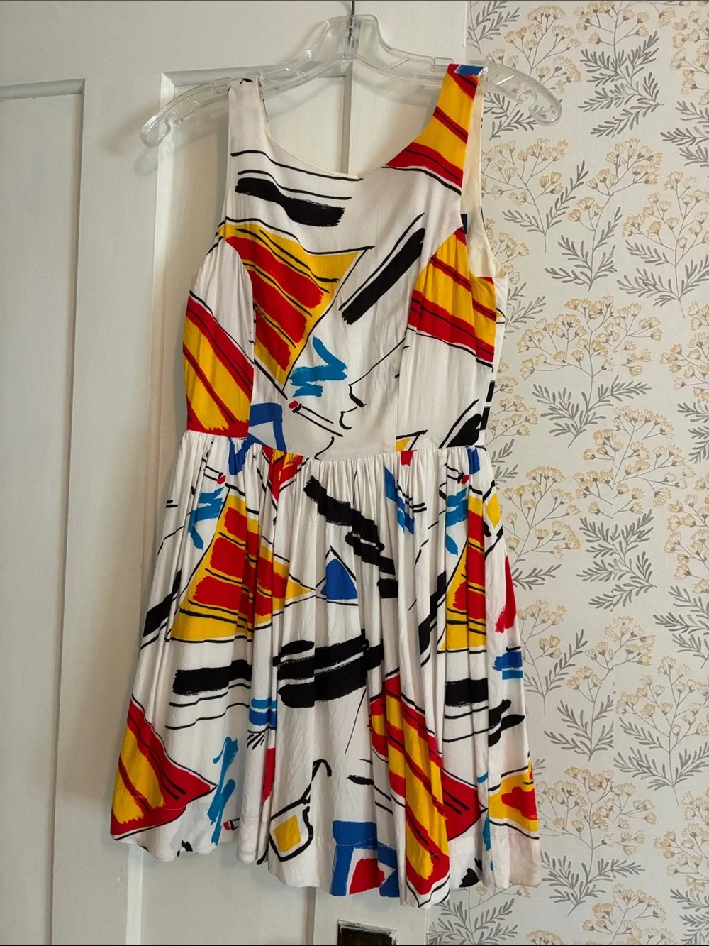 American Apparel White Tank Dress with Bold Red, Yellow, Blue & Black Print